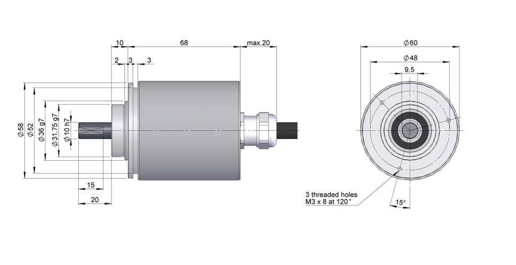PARALLEL SERIE CS10 IP67 SINGLETURN ABSOLUT ENCODER FOR SEVERE APPLICAS Singleturn resolution up to 13 bits Protection class IP67 according to DIN 40050 External diameter 58 mm Solid shaft CONFIG.