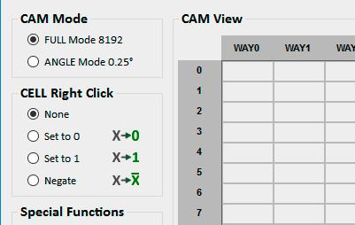 CAM Mode In CAM Mode it is possible to select the CAM resolution. There are 2 CAM resolutions: FULL Mode: resolution 8192. This means that each cam is divided by 8192 per 360 (one shaft turn).