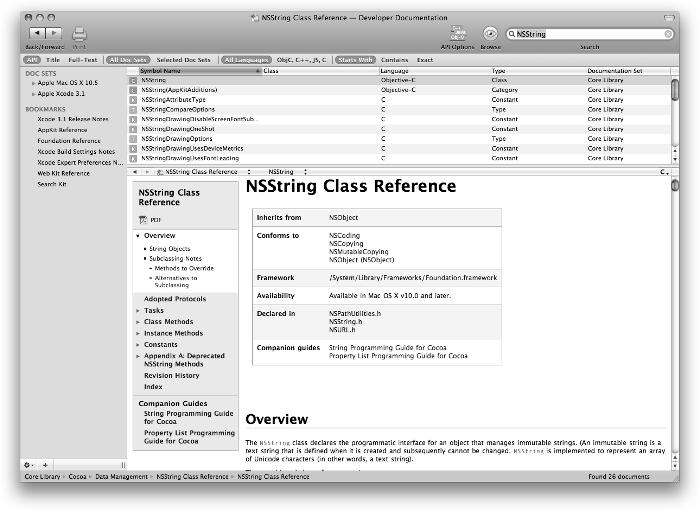 Chapter 1: A Brief Tour of Cocoa Development 13 Figure 1-4: You can view the Cocoa documentation in Xcode. Interface Builder Interface Builder is a constant companion to Xcode.