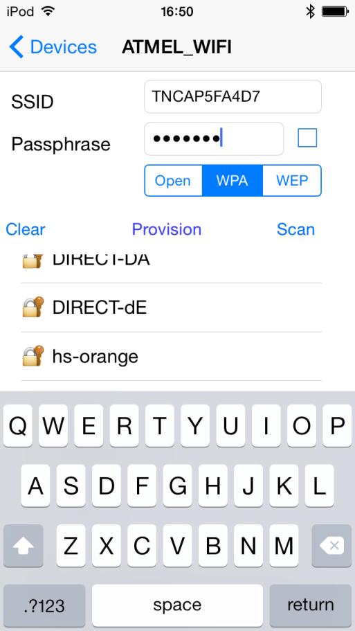 Figure 4-3. IPhone Application in Wi-Fi Provisioning Mode The user may choose a security type, and enter the SSID and Passphrase manually.