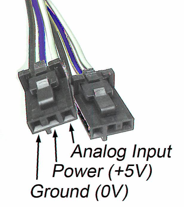 Analog Input Cable Connectors Each Analog Input uses a 3-pin, 0.100 inch pitch locking connector. Pictured here is a plug with the connections labeled.