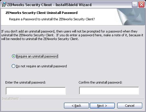 Figure 8-1 Uninstall Password 4 Select how policies will be received (from Distribution Service for managed clients or retrieved locally for an unmanaged configuration [see Chapter 10, ZENworks