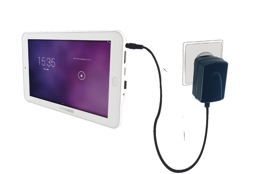Once the battery has been completely charged, disconnect the power supply from the tablet and then from the wall socket BILD Only use the recharging unit that was supplied with your