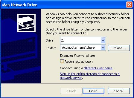 Select the drive letter you wish to use Type in the computer name and share point name