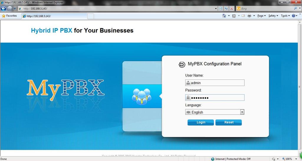 3. Administrator Login From your web browser, input the IP address of the MyPBX server.