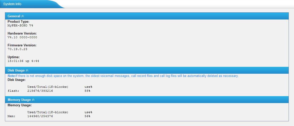4.2 System Status In this page, we can check the status of MyPBX system, including the hardware, firmware