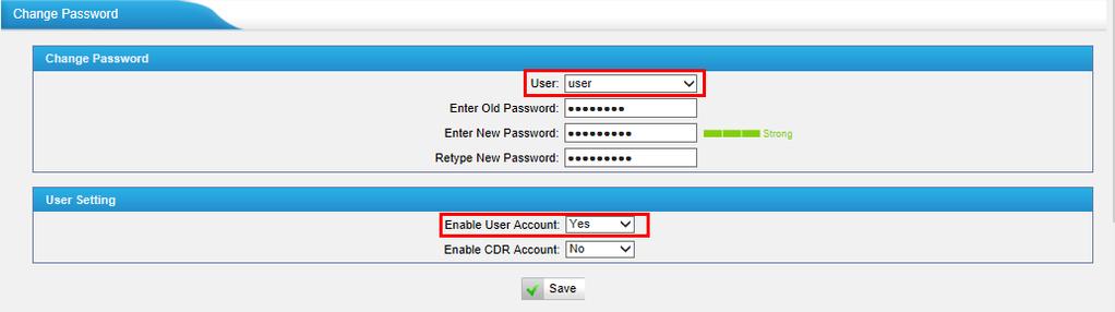 Figure 5-27 After enabling user account, you can log in MyPBX using user. user account can change its own password.