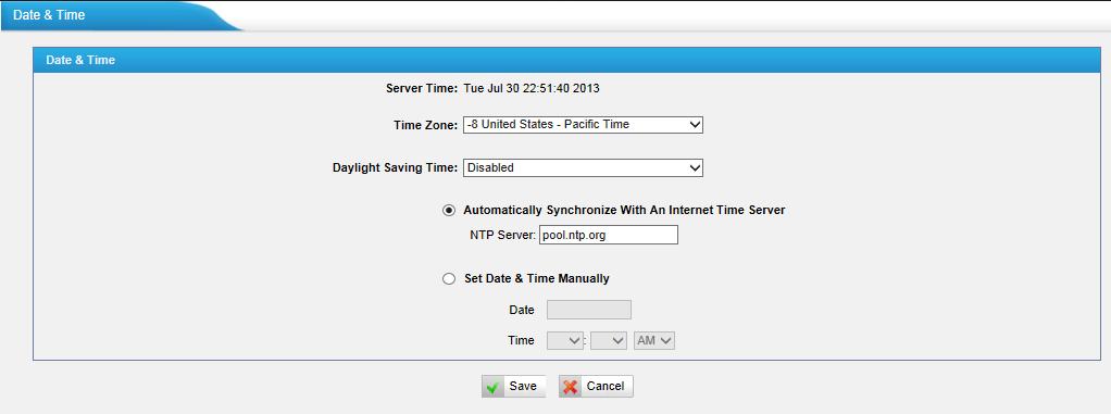 5.5.2 Date and Time Set the date and time for MyPBX. Figure 5-29 Time Zone You can choose your time zone here.