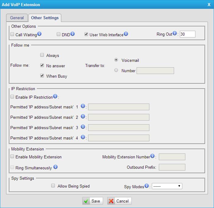 Figure 6-7 7) Other Options.Call Waiting Check this option if the extension should have Call Waiting capability. If this option is checked, the When busy follow me options will not be available.
