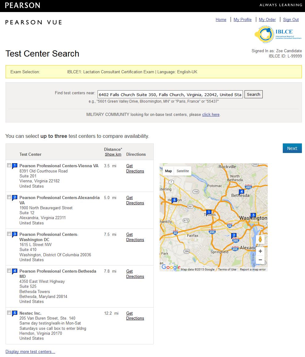 The website will automatically search for CBT centres near the address entered in your profile. You will be able to select up to three different test centres to compare availability.