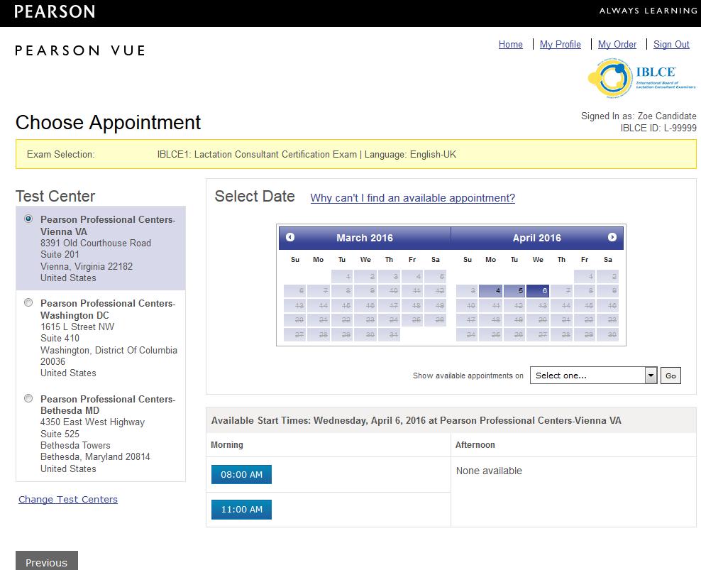 You can view availability between the test centres you selected.