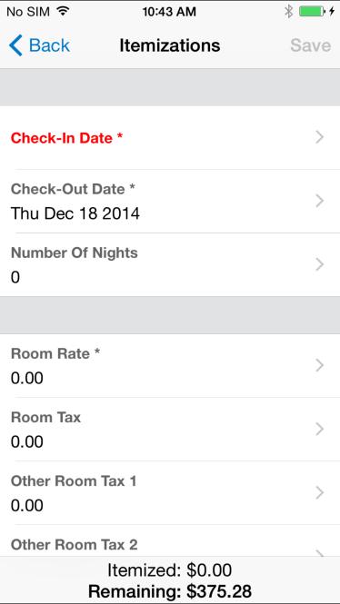 3) On the Itemizations screen: Enter the daily room rate and