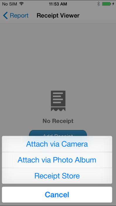 1) On the Report screen or the Expense Details screen, tap Add Receipt.