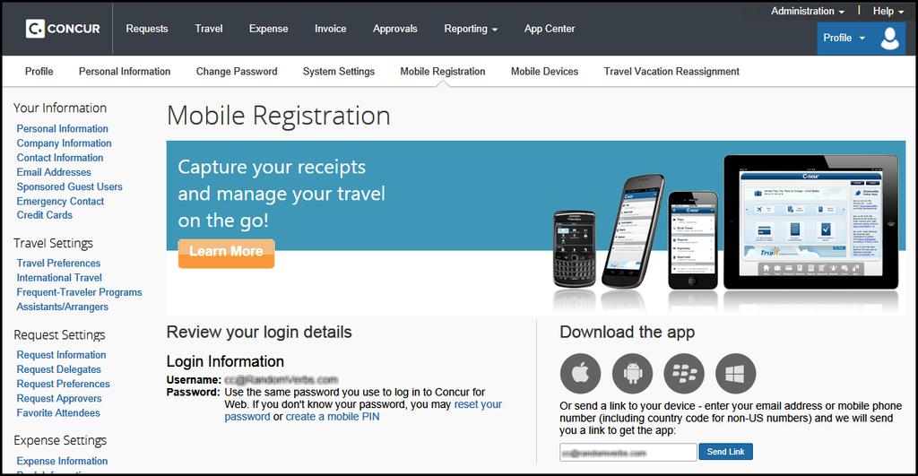 Download The Mobile Registration link appears on the Profile menu in the web version of Concur. Two reasons to use this page: You can download the app or you can use this page to request a link.