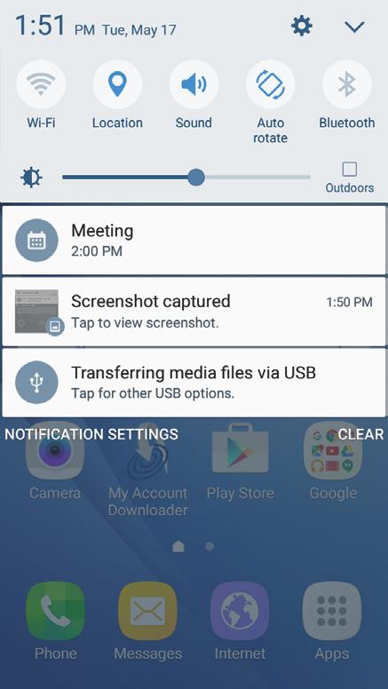 Notification Panel Notification icons on the Status bar display calendar events, device status, and more. For details, open the Notification panel.