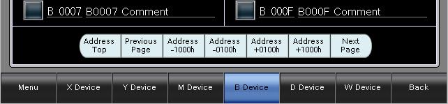 For the M Device (B-30007) and D Device (B-30009), the switches are "Address +00", "Address +000", and "Next Page".