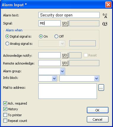 Alarm Management 8 Alarm Management We shall now create a function to generate an alarm. 1. Select Functions/Alarms... The Alarms dialog now opens.