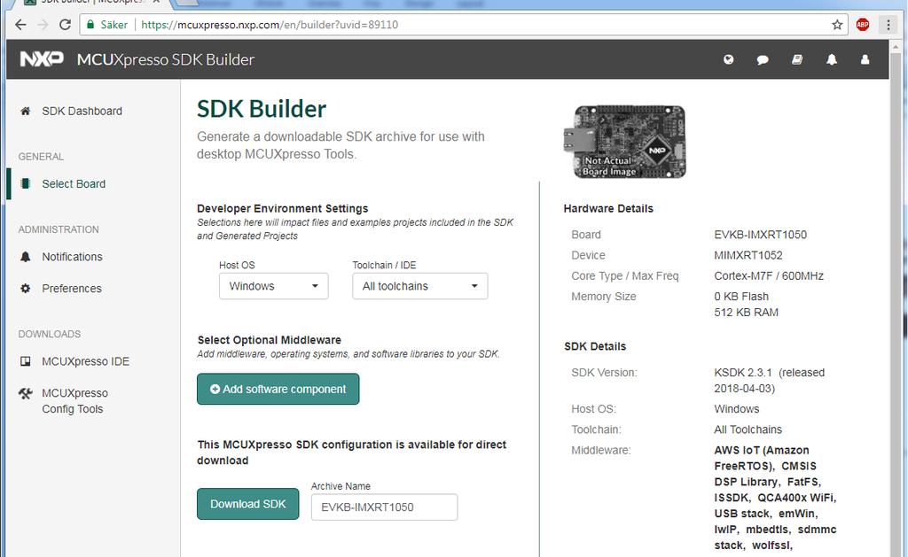 Figure 3 MCUXpresso SDK Builder - Build MCUXpresso SDK As a final step before downloading, select All Toolchains under the
