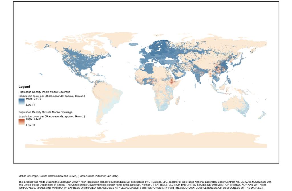 Global Population Density Inside and Outside Mobile Coverage The highlighted regions