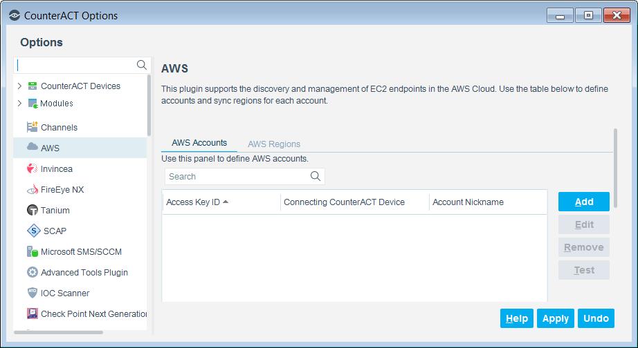 3. In the AWS Accounts tab, select Add. The Policy Wizard opens. If you have not set up your AWS credentials, see Add an AWS Connection. 4.