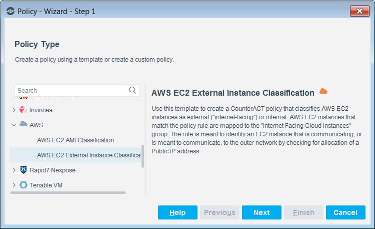 AWS EC2 External Instance Classification Template Use the AWS EC2 External Instance Classification template to create a CounterACT policy that classifies AWS EC2 instances as external