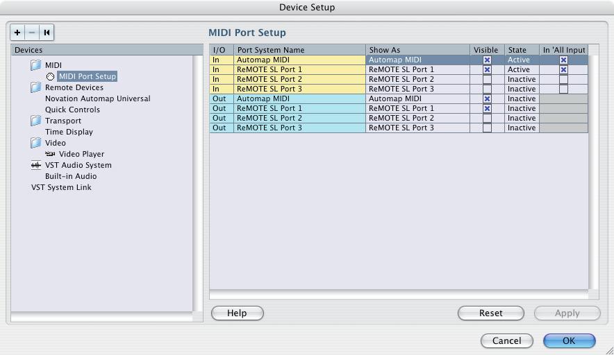 Select the MIDI Port Setup page of Device Setup and ensure ReMOTE SL ports 2 and 3 are not selected in the Visible or All MIDI Inputs columns, then click Apply. 5.