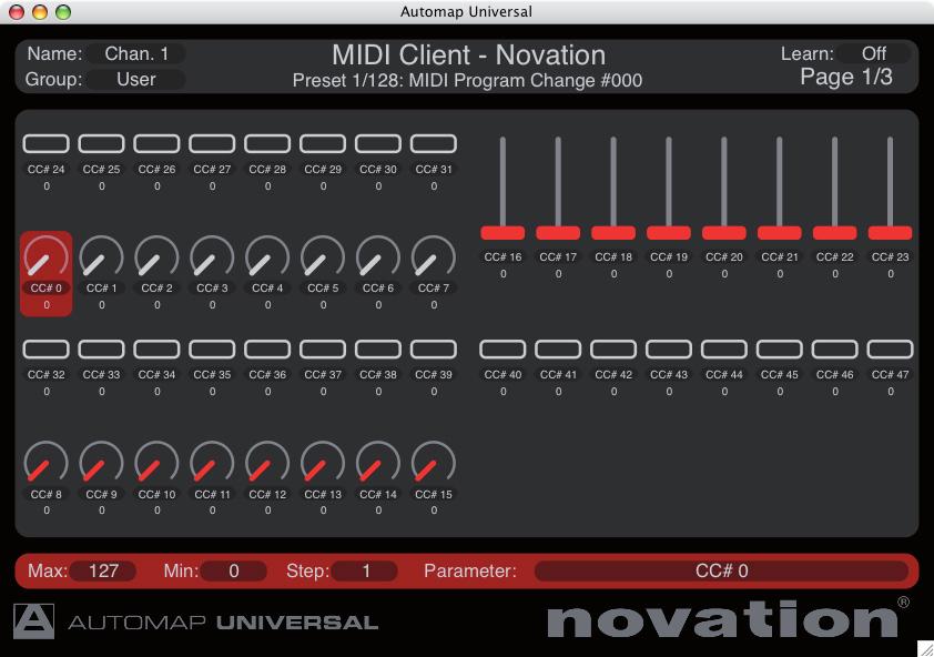 9.3 ASSIGNING MIDI MESSAGES The Control Map View of the Automap Universal window will look as follows when a MIDI control map is selected: The default MIDI control map has 129 assigned controls