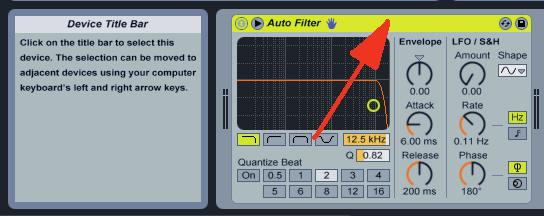 To select a plug-in in Live for hardware control from the ReMOTE SL, click on the Device Title Bar using the mouse, as shown: The plug-in parameters will then appear on the left-hand ReMOTE SL