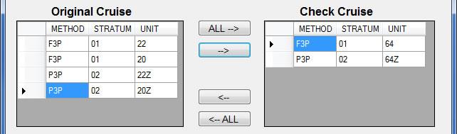 By clicking on the desired cutting unit and stratum and then clicking the right arrow button in the middle, the unit is moved to the Check Cruise box on the right.
