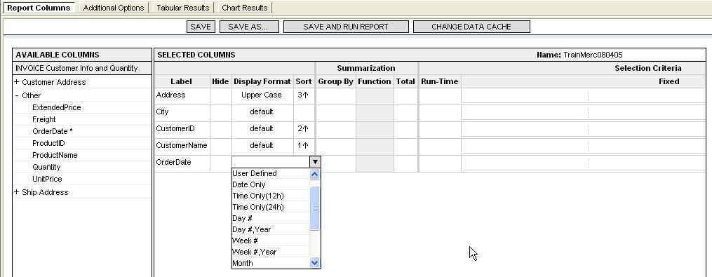 1 Click the desired column in the Display Format field, select the desired format from the drop-down menu: Date display options include: Date Only (shown in current user s Date/Time preference) Time
