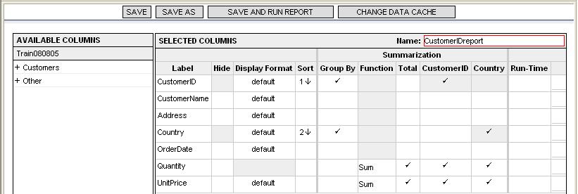 In this case, Customer ID and Country columns are created: Next, the user selects Total > Quantity and Total > Unit Price.