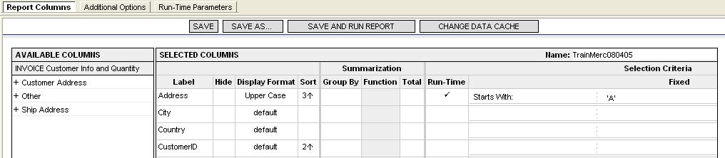 the report, a new tab called Run-Time Parameters displays. This tab is only available when a user chooses to include Run-Time parameters.