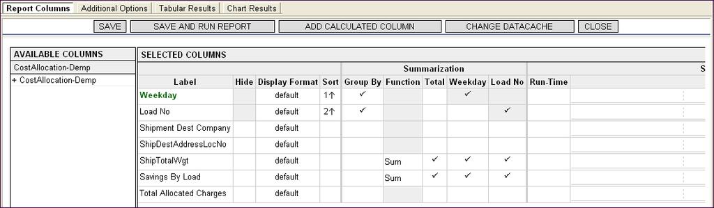 The selected columns should be grouped with the date/time context column as the first group (sort is 1), and the columns should be summarized.