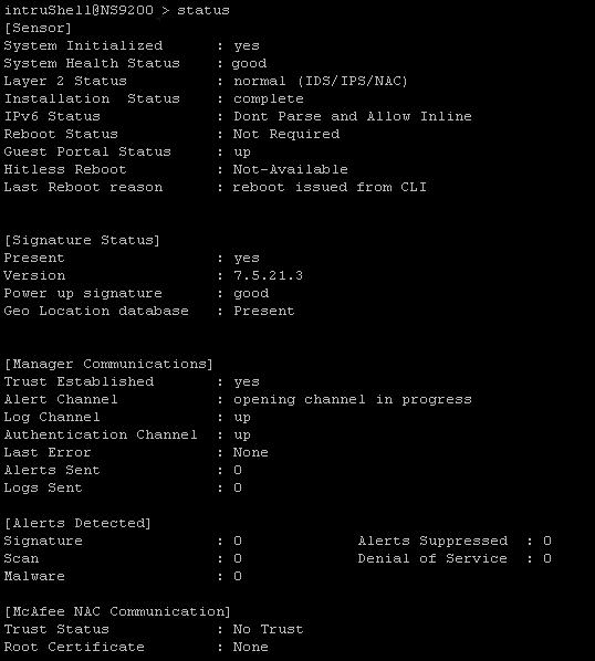 Verify successful installation Task 1 In the Sensor CLI, type: status. The status report appears.