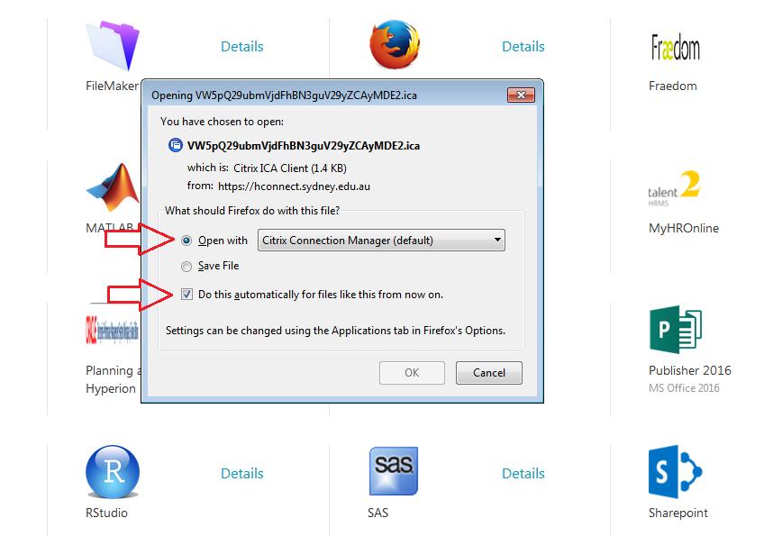 Firefox Browser Downloads Citrix Receiver File Fix When opening an application in UniConnect using a Firefox browser, a file is downloaded instead of automatically loads Citrix Receiver.