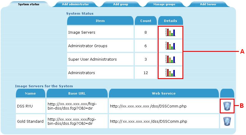 9. System Tab Use the system tab to add administrators, manage administrator accounts and manage image servers. (access level = super user) 9.