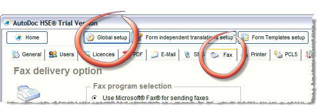 Choosing your fax delivery service Navigate to the Global setup area of the AutoDoc HSE application (you may need to navigate to the Home area if the Global setup toolbar button is not available),