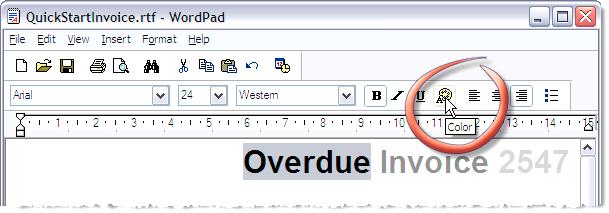 3. Click and drag to select the word Overdue and click on WordPad s Color toolbar button: 4.
