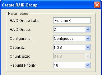 Create RAID Group dialog (for Contiguous, Concatenated and Striped configurations) Create RAID Group dialog (for Mirrored, Mirrored/Striped and Parity RAID configurations) 2.