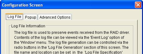 File Menu Options Configuration This menu option displays a tabbed dialog box to customize the settings for the Log File location and