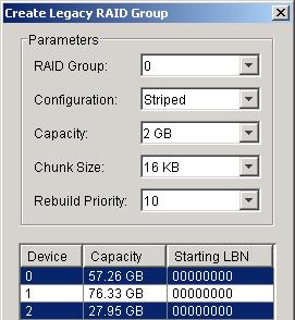 Create Legacy RAID Group This menu option is disabled if new RAID groups exist. If enabled, this menu option displays a dialog box to create a legacy RAID group.