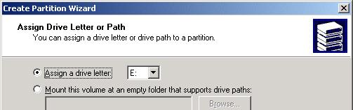 7. Accept the default drive letter assigned to the partition or select a different drive letter if