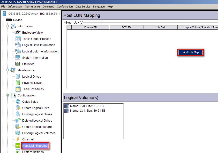 Go to Configuration > Host LUN Mapping and right click to Add LUN