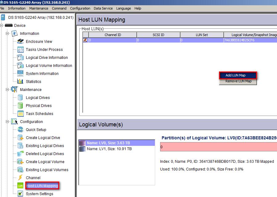 Select second RAID 6 partition and set Channel ID(s) to 0. Then click Map LUN button to create LUN mapping.