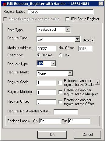 Update the values for Register Label, Register Type, Modbus Address, and Reset Type and click OK. An example is shown next.