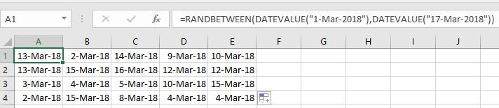 Random dates generator in Excel To produce some arbitrary dates between two dates, we can use the RANDBETWEEN function with DATEVALUE.