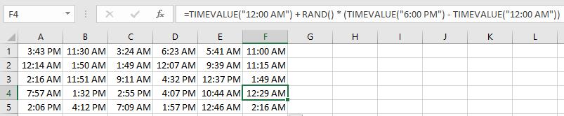 Same thing can be written as, =TIME(Starting Time) + RAND() * (TIME(Ending Time) TIME(Starting Time)) Here in this case the formula will be, Source code =TIME(12,0,0) + RAND() * (TIME(18,0,0) -