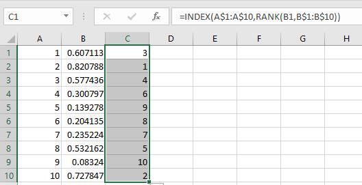 Using the RAND and INDEX function 1st create a list of arbitrary numbers, let s say create 10 random numbers in column A.