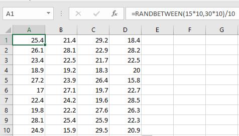 modification of the formula will be: =RANDBETWEEN(15*10,30*10)/10 The above picture shows us the numbers with 1 decimal place.