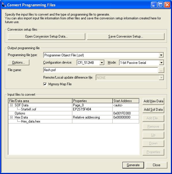 Using the PFL in Quartus II Software 2. As shown in Figure 22, under programming file type, specify Programmer Object File (.pof) and name the file accordingly. Figure 22. The Convert Programming File Tab 3.